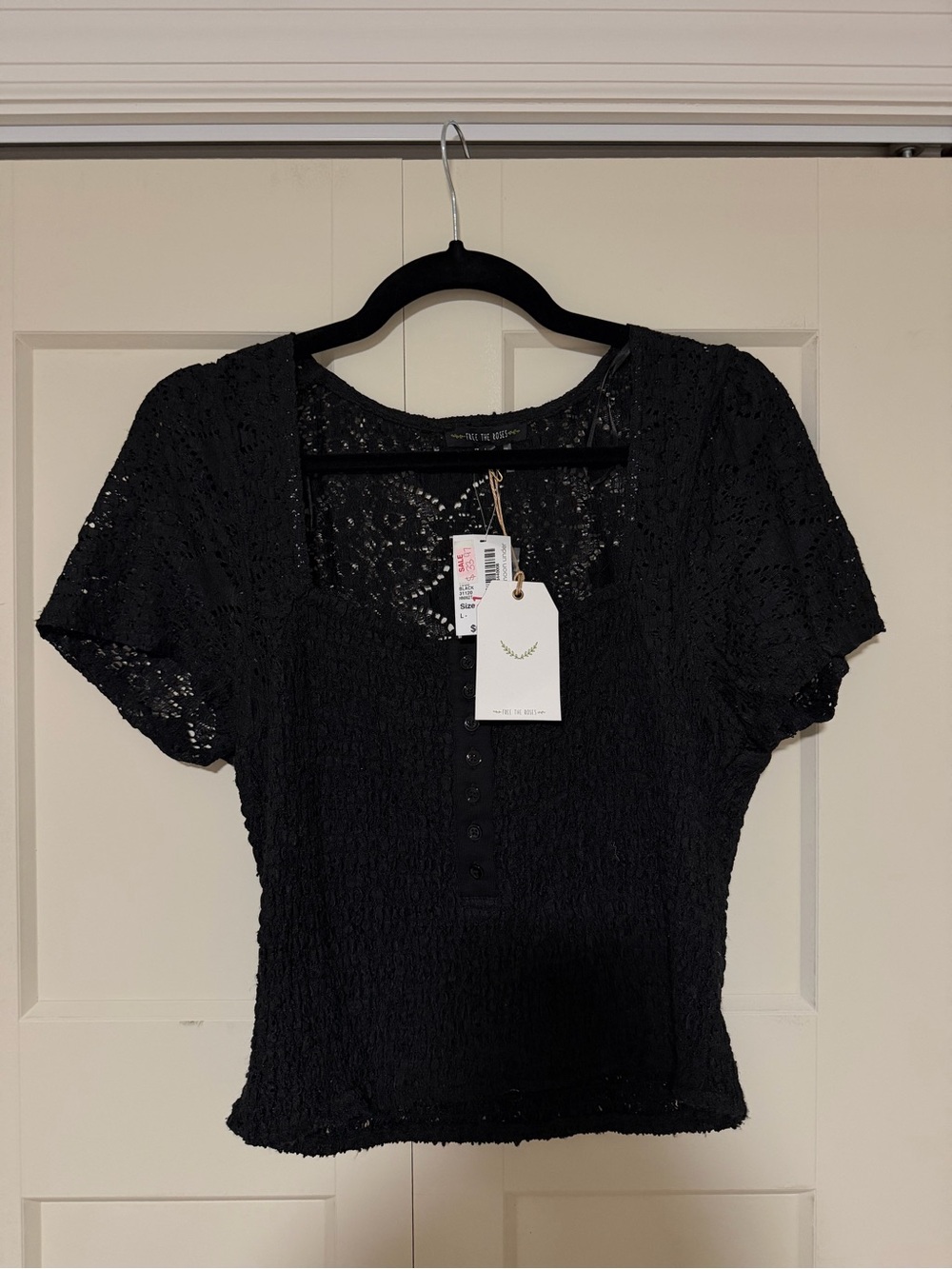 Free the Roses Black Lace Crop Top with Button Placket